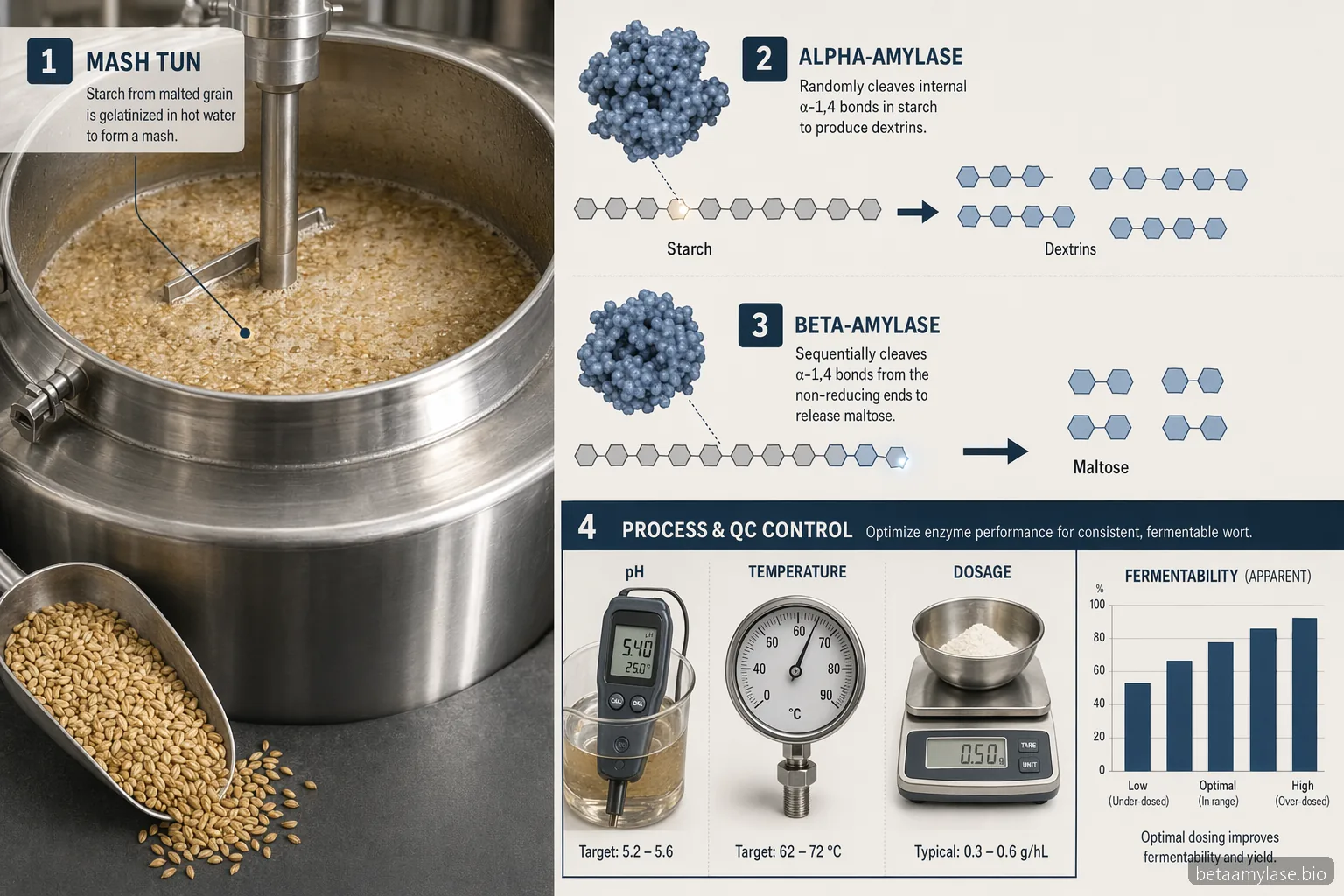 alpha and beta amylase brewing guide infographic showing mash enzymes, maltose yield, fermentability, and QC checks